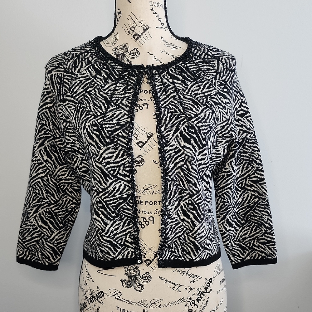 Dana Buchman Black and White Zebra Print Wool Cardigan Size Small